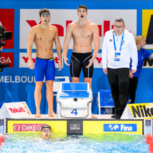 Paolo Conte Bonin of Italy, Leonardo Deplano of Italy, Alessandro Miressi of Italy, Thomas Ceccon of Italy celebrate after winning the gold medal in the 4x100m Freestyle Relay Men Final with a new world record during the FINA Swimming Short Course World Championships at the Melbourne Sports and Aquatic Centre in Melbourne, Australia, December 13th, 2022. Photo Giorgio Scala / Deepbluemedia / Insidefoto
