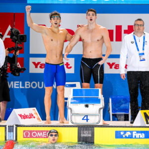 Paolo Conte Bonin of Italy, Leonardo Deplano of Italy, Alessandro Miressi of Italy, Thomas Ceccon of Italy celebrate after winning the gold medal in the 4x100m Freestyle Relay Men Final with a new world record during the FINA Swimming Short Course World Championships at the Melbourne Sports and Aquatic Centre in Melbourne, Australia, December 13th, 2022. Photo Giorgio Scala / Deepbluemedia / Insidefoto