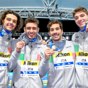 Thomas Ceccon, Leonardo Deplano, Manuel Frigo, Alessandro Miressi of Italy show the silver medal after compete in the 4x50m Freestyle Relay Men Final during the FINA Swimming Short Course World Championships at the Melbourne Sports and Aquatic Centre in Melbourne, Australia, December 15th, 2022. Photo Giorgio Scala / Deepbluemedia / Insidefoto