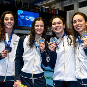 Jasmine Nocentini, Costanza Cocconcelli, Benedetta Pilato and Silvia Di Pietro of Italy show the silver medal after competing in the 4x50m Medley Relay Women Final during the European Short Course Swimming Championships at Complex Olimpic de Natație Otopeni in Otopeni (Romania), December 7th, 2023.