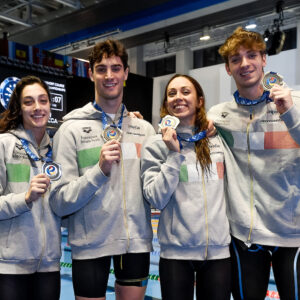Jasmine Nocentini, Lorenzo Zazzeri, Silvia Di Pietro and Alessandro Miressi of Italy show the silver medal after competing in the 4x50m Freestyle Relay Mixed Final during the European Short Course Swimming Championships at Complex Olimpic de Natație Otopeni in Otopeni (Romania), December 9th, 2023.