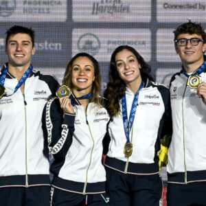 Lorenzo Mora, Silvia Di Pietro, Jasmine Nocentini and Nicolo Martinenghi of Italy show the gold medal after competing in the 4x50m Medley Relay Mixed Final during the European Short Course Swimming Championships at Complex Olimpic de Natație Otopeni in Otopeni (Romania), December 10th, 2023.