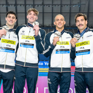 Lorenzo Zazzeri, Alessandro Miressi, Paolo Conte Bonin and Manuel Frigo of Italy show the silver medal after competing in the swimming 4x100m Freestyle Relay Men during the 21st World Aquatics Championships at the Aspire Dome in Doha (Qatar), February 11, 2024.